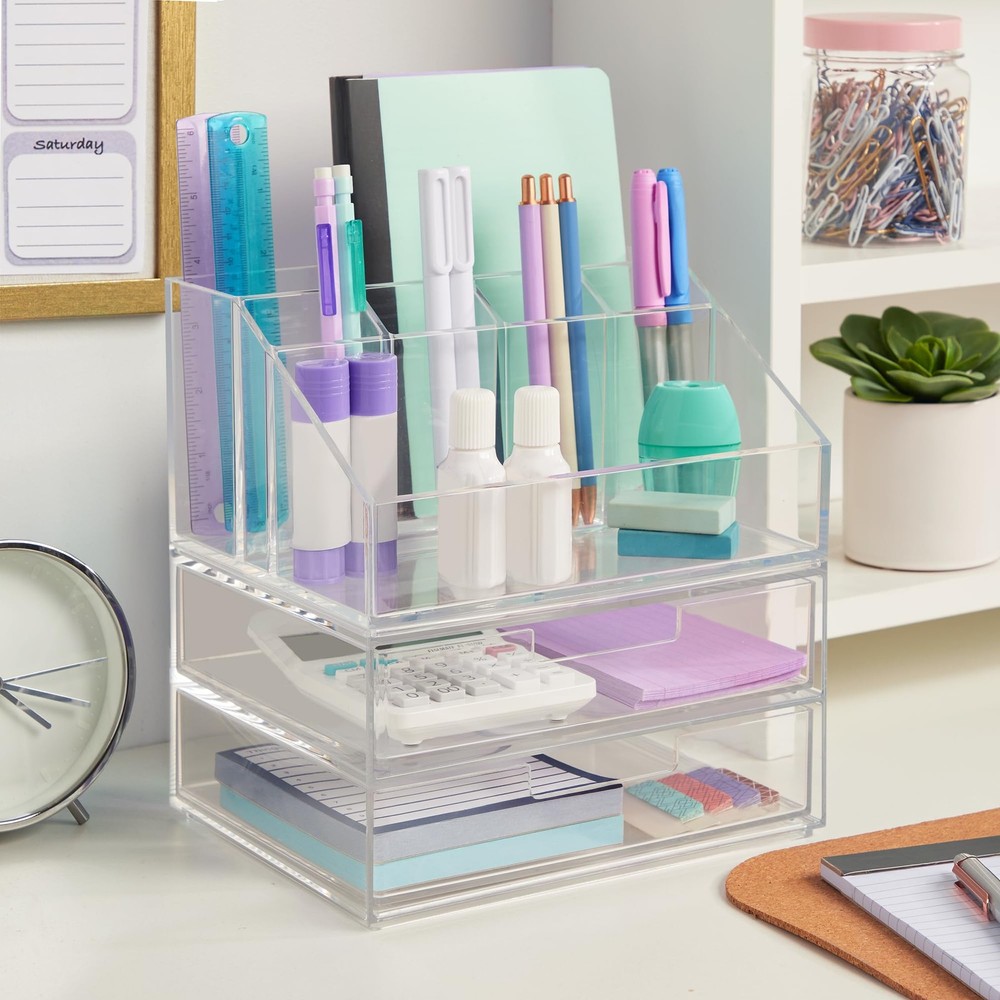 Chloe Stackable Makeup Holder & Drawer Organizer Set, Clear, BPA-Free Plastic...