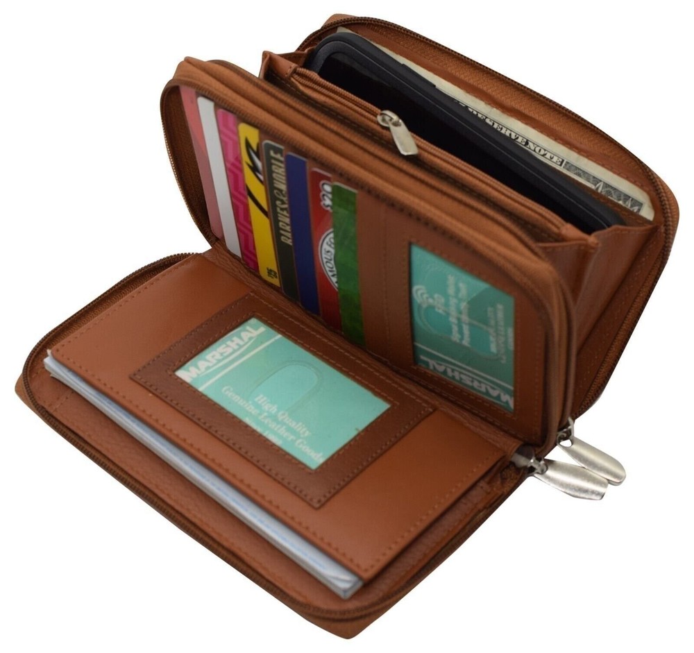 Genuine Leather Womens RFID Blocking Security Double Zip-around  Phone Wallet