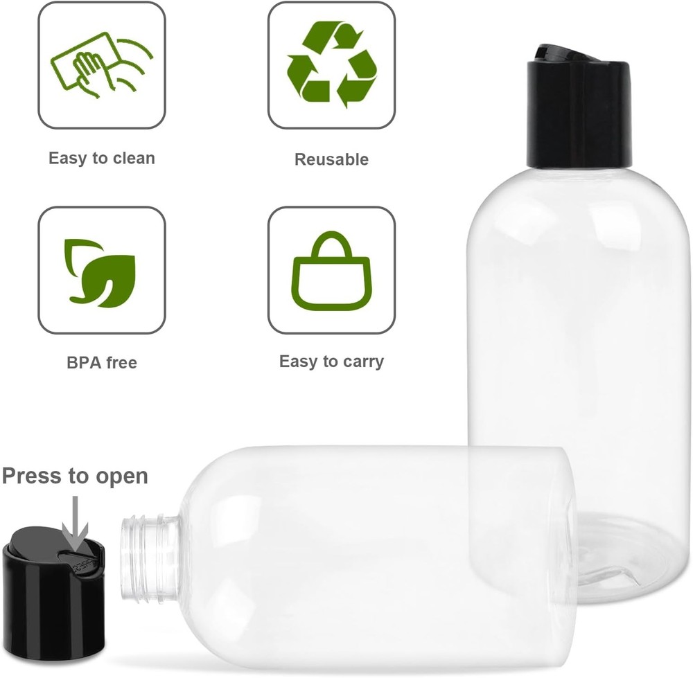 2 Pack 8 oz Empty Plastic Bottles with Black Disc Caps 2 Pack, Black, 2