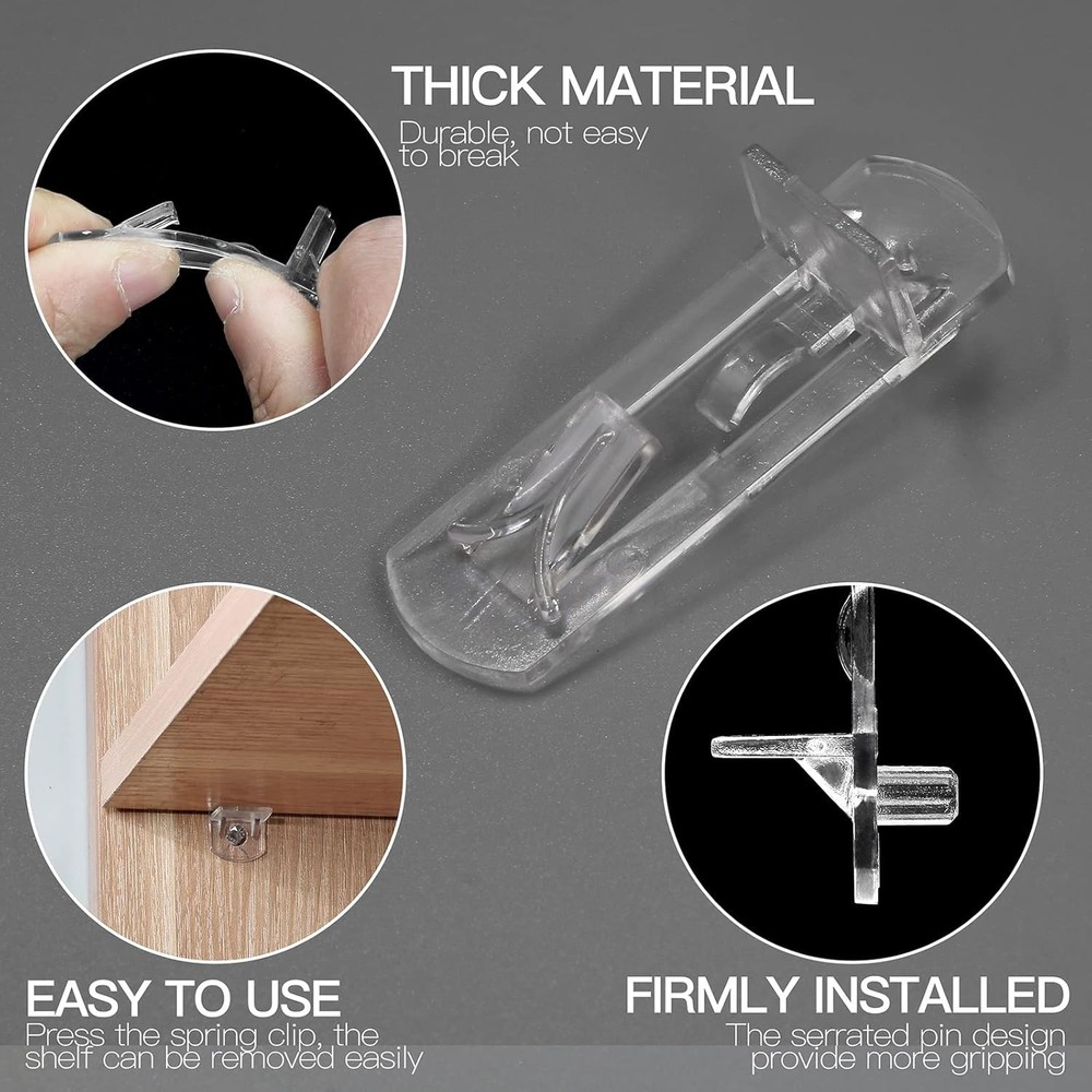 Transparent Locking Shelf Support Clips - 5mm x 3/4" Thickness Compatibility