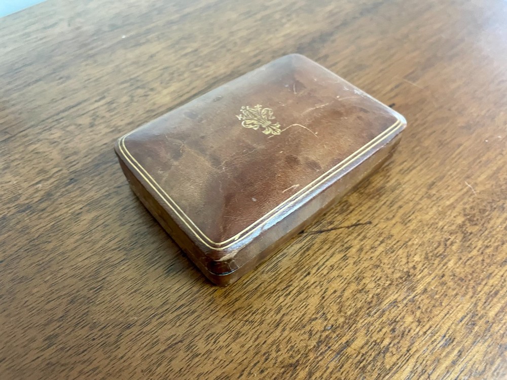 Leather Wrapped Box Early 20th C. w/ Gilded Fleur-de-lis