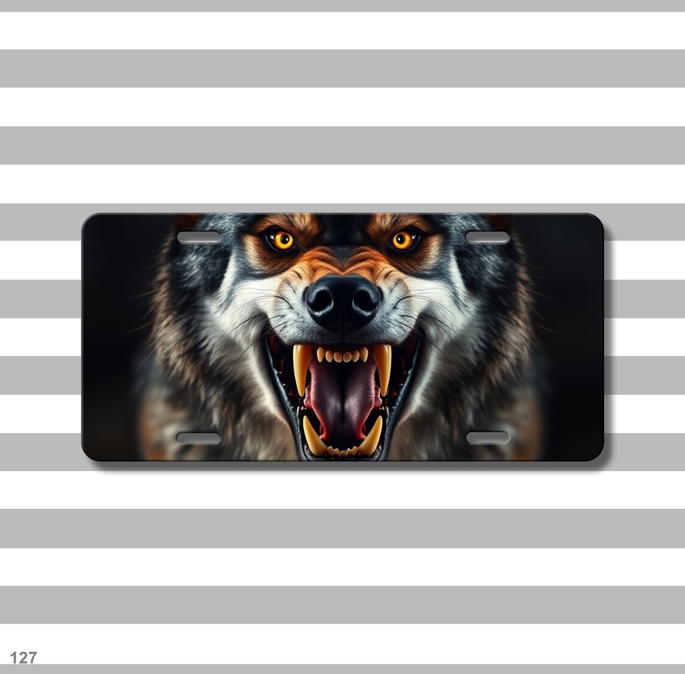 Intense Wolf License Plate with Fangs Personalized Auto Tag Gift Idea