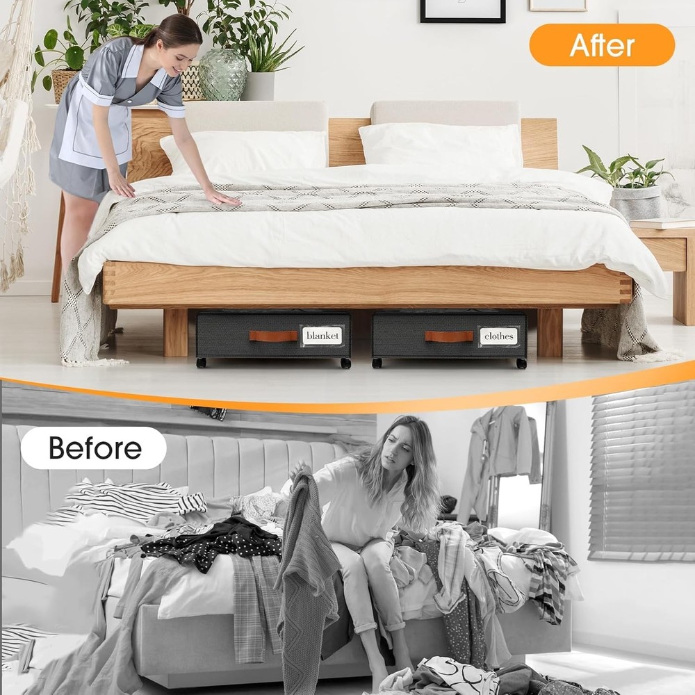 Under Bed Storage W/ Wheels 2Pack Storage Containers W/ Clear Window&Label Under