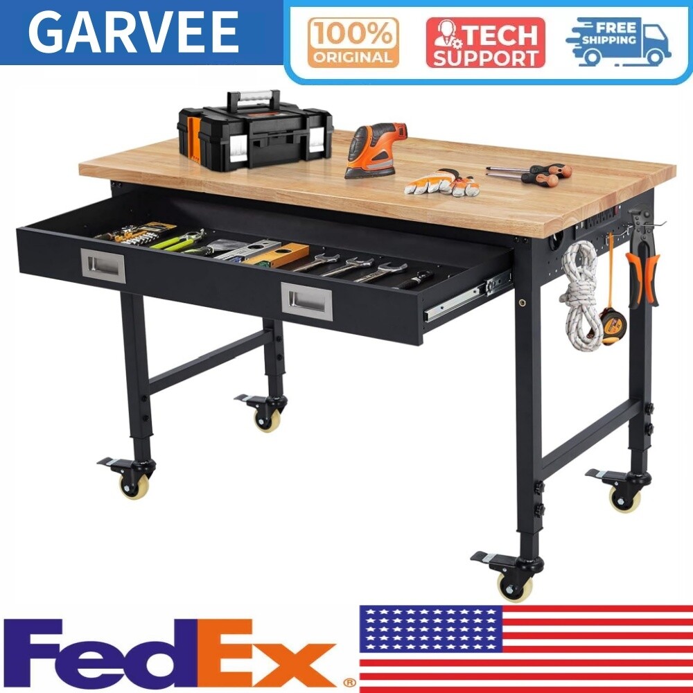 🔥48" Adjustable Workbench Heavy Duty Workstation 4 Casters 2000LB Load Capacity