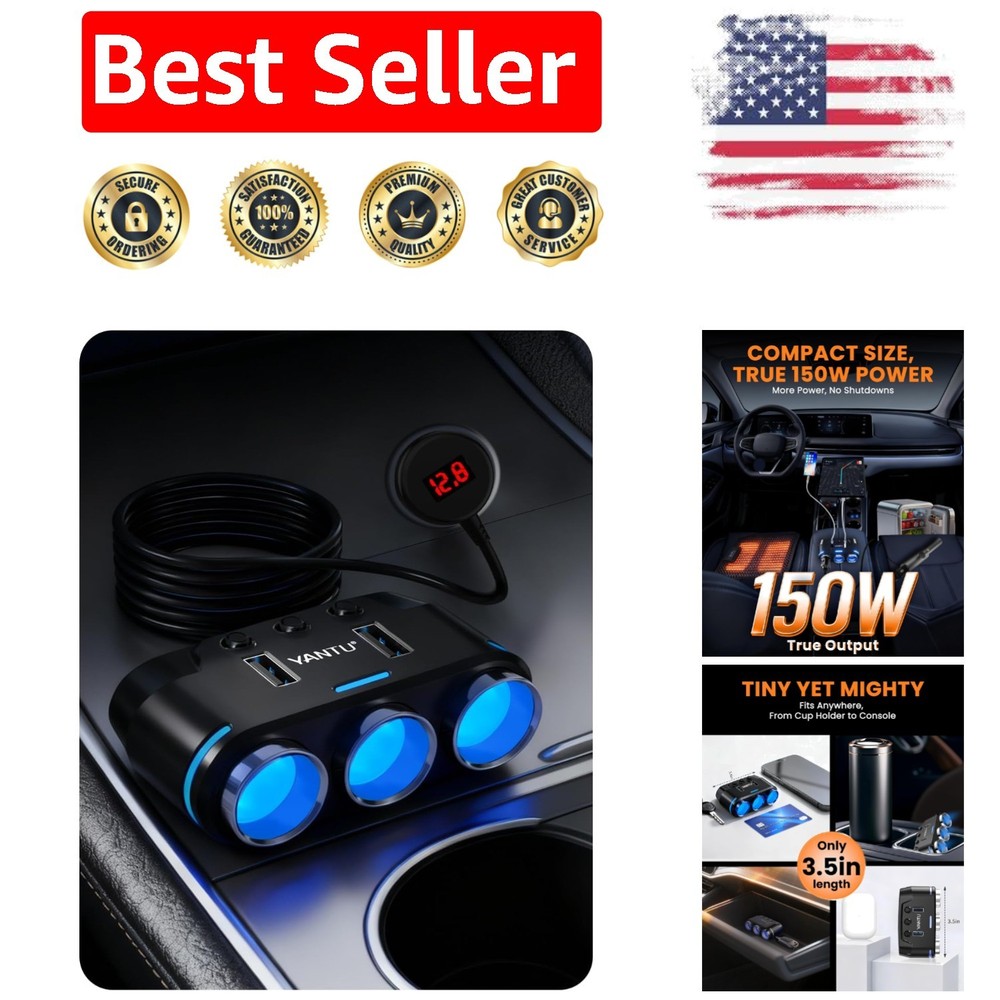 Car Cigarette Lighter Adapter with 150W Output & 3-Sockets for Multiple Devices