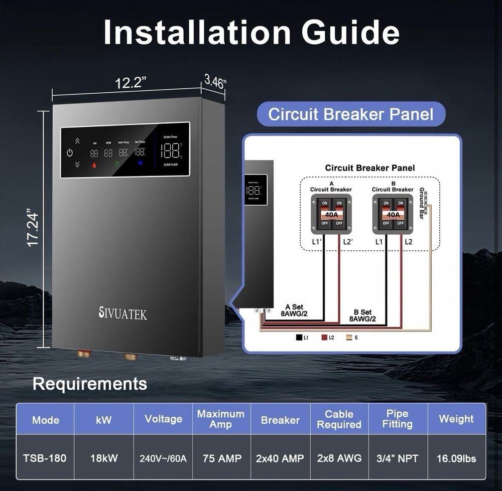 18kW Tankless Water Heater Electric 240V, Instant Hot Water, ETL Certified