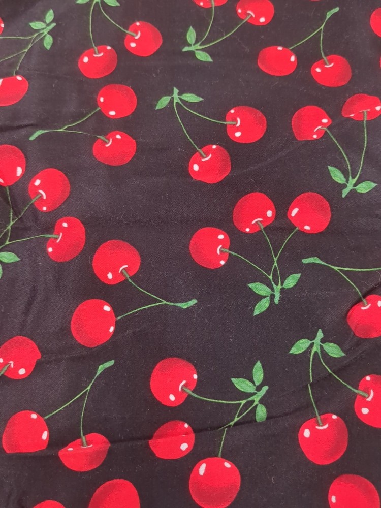 2 Yards Cotton Fabric Black w Cherries