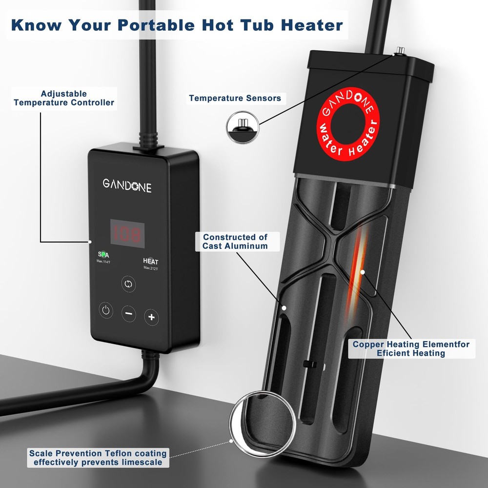 Dual Spa Water Heater, Portable Hot Tub Immersion Water Heater Cast Aluminum ...