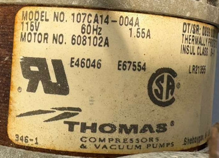 Thomas Diaphragm Compressor Vacuum Pump Model 107CA14-004A, 608102A