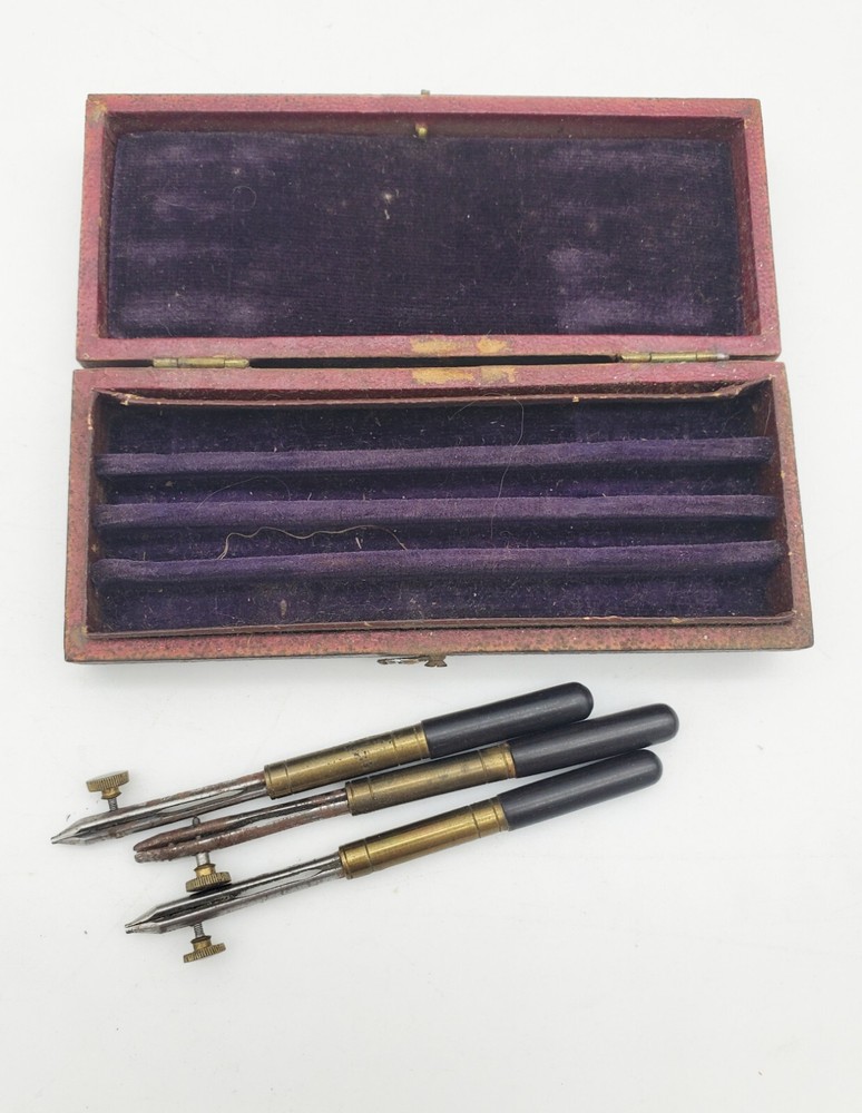 ANTIQUE DRAFTING & DRAWING INSTRUMENT 1800s EBONY HANDLE SET PEN TOOL ENGINEER