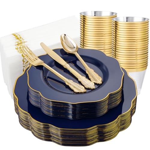 175PCS Plastic Plates with Disposable Silverware - Include 50 175 Pieces Blue