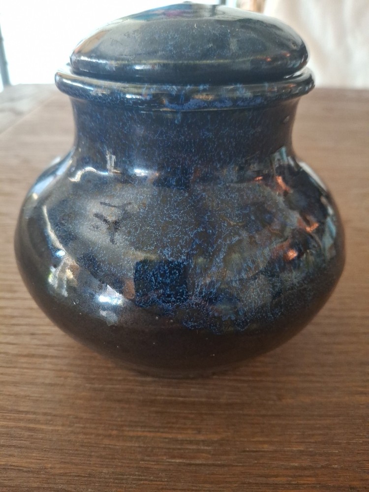 Studio Art Lidded Jar Dark Blue Glaze Pretty Shape Substantial Use Or Admire It!