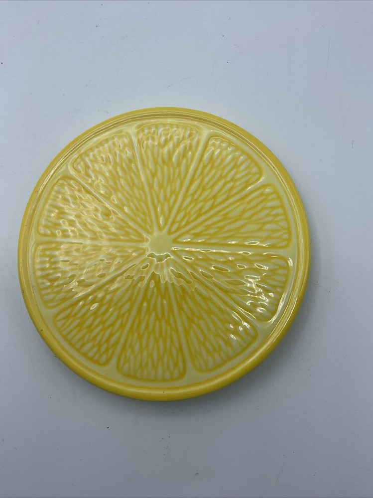 1990's Lemon 4" dia Round Gloss Ceramic Cork Backed Coasters  Replacement