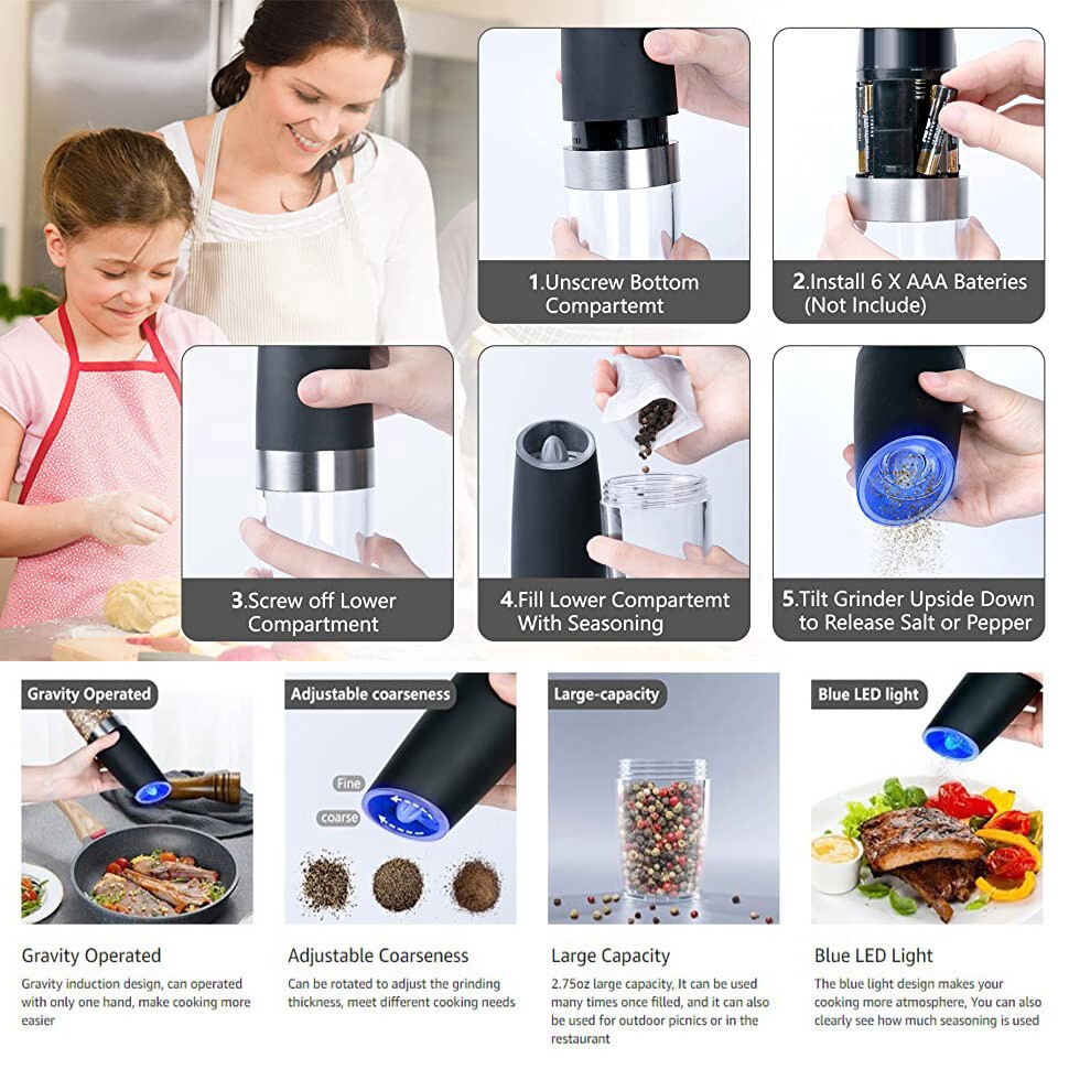 2 Pack Gravity Electric Salt and Pepper Grinder Mill Shaker Adjustable Automatic