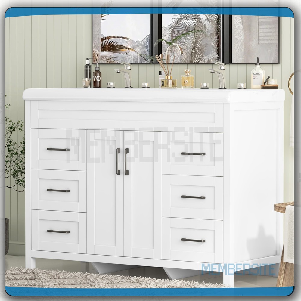 47.3" Bathroom Vanity Double Ceramic Sinks Storage Cabinet Bathroom Freestanding