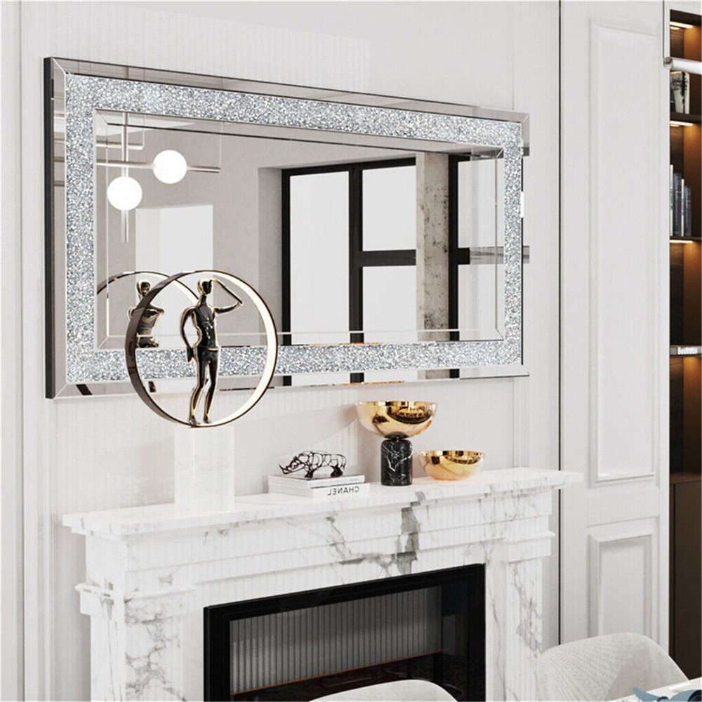 Wall Hanging Rectangle Gorgeous Silver Mirror Crush Crystal Diamond Decor Mirror