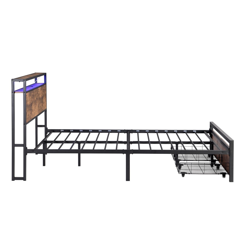 Queen Size Bed Frame with Storage Headboard & 2 Drawer Metal Platform Bed New