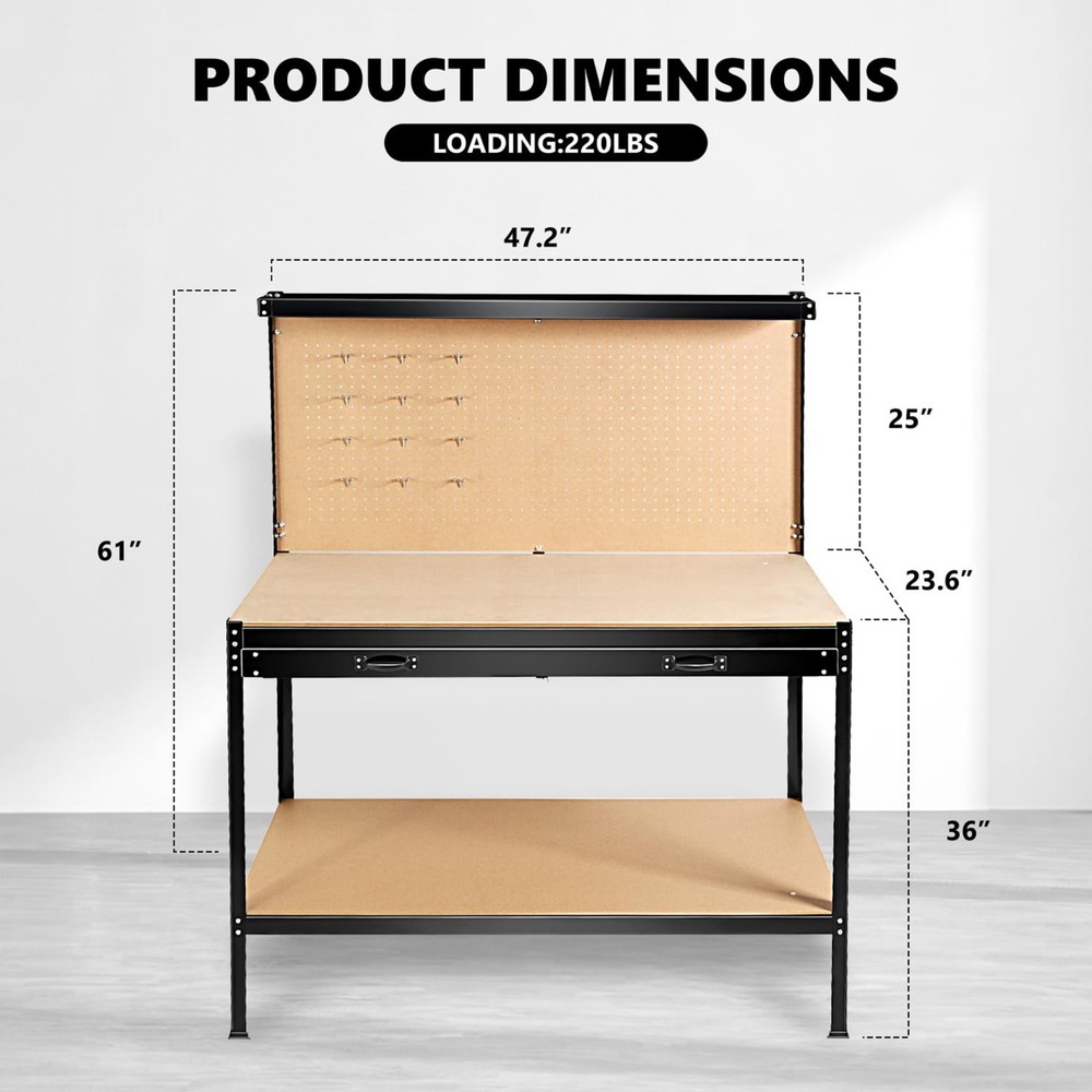 63" Tools Cabinet Working Tables Workbench with Drawers and Pegboard