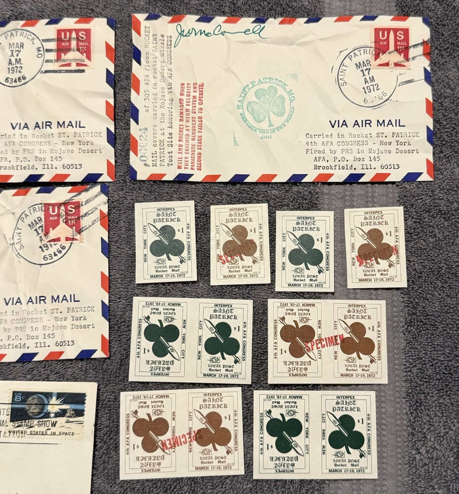 1972 St. Patrick MO Rocket Mail covers (7) + INTERPEX card + 12 labels, crash