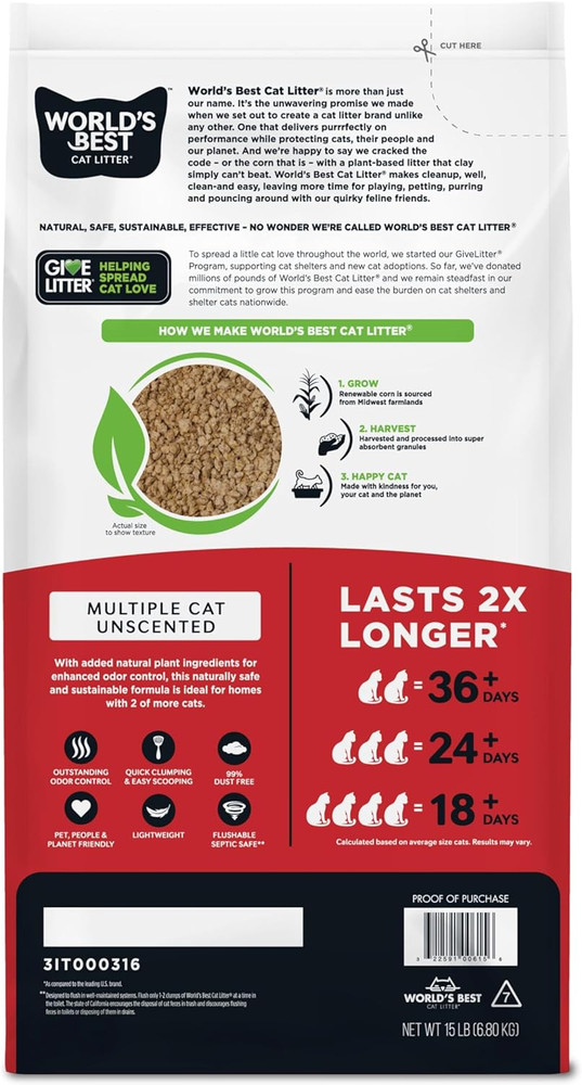 Multiple Cat Unscented, 15-Pounds - Natural Ingredients, Quick Clumping, Flushab