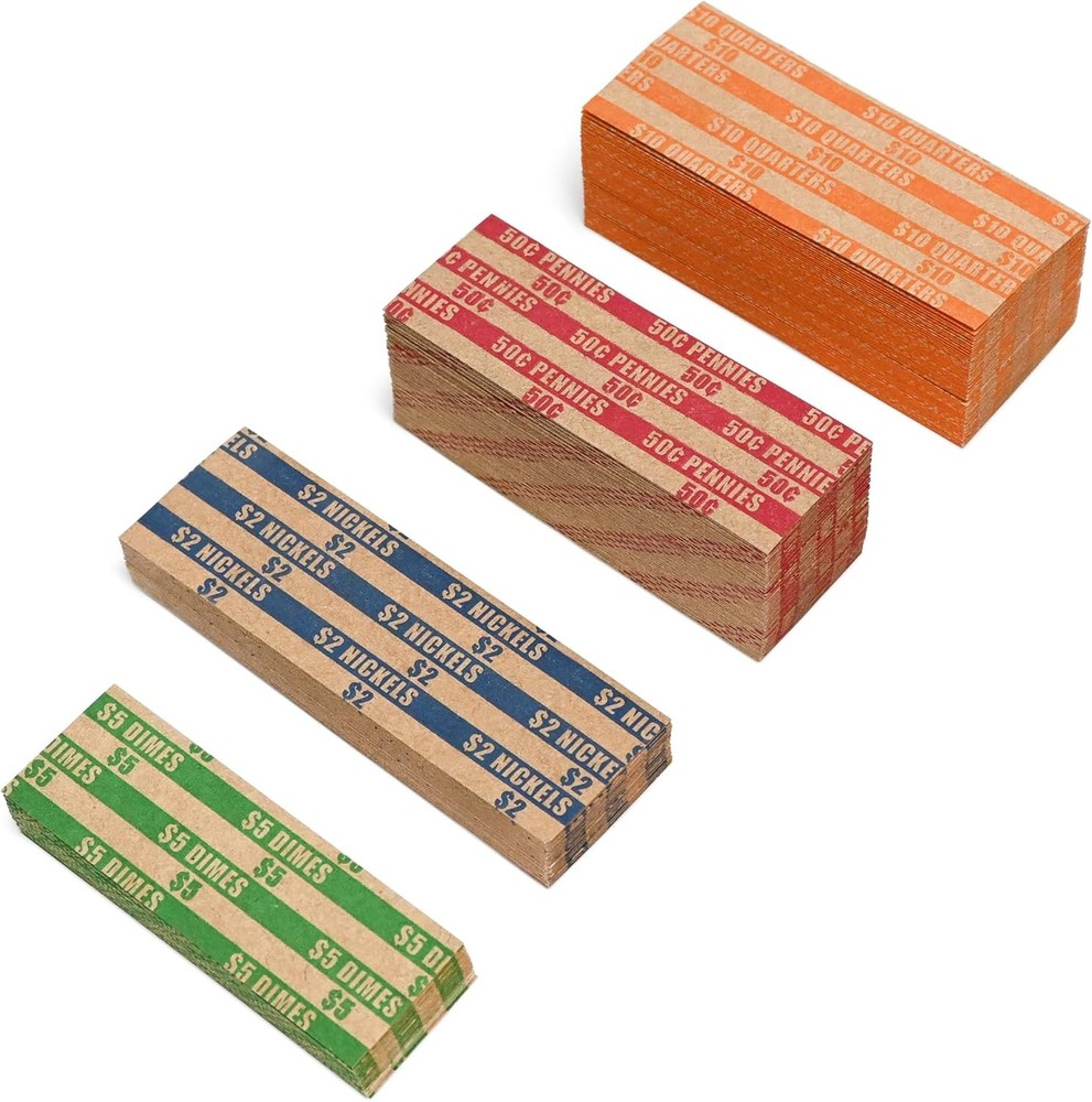 ESSENTIAL 200 Pcs Assorted Packed Flat Stripped Coin Wrappers, Coin Rolls Wrappe
