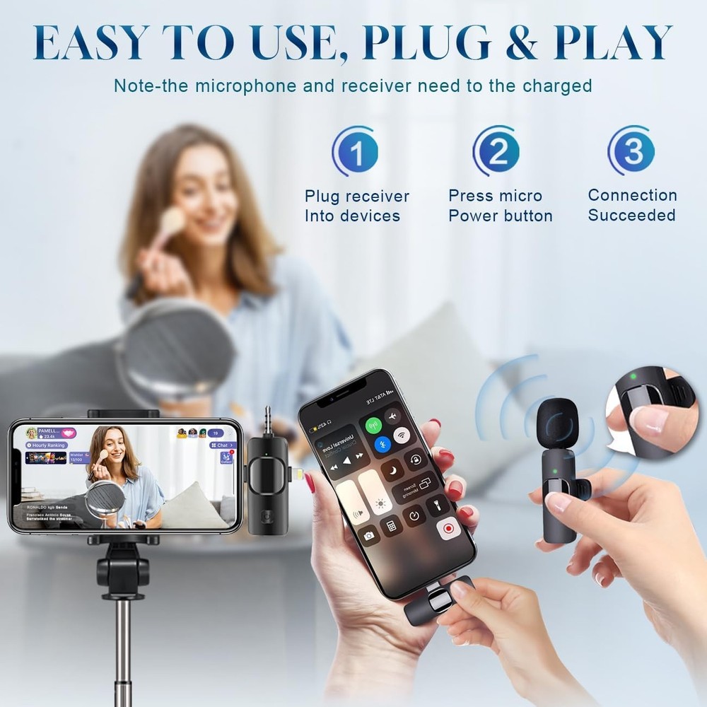 3 in 1 Wireless Lavalier Microphone for iPhone, iPad, Android, 3 MIC, Black