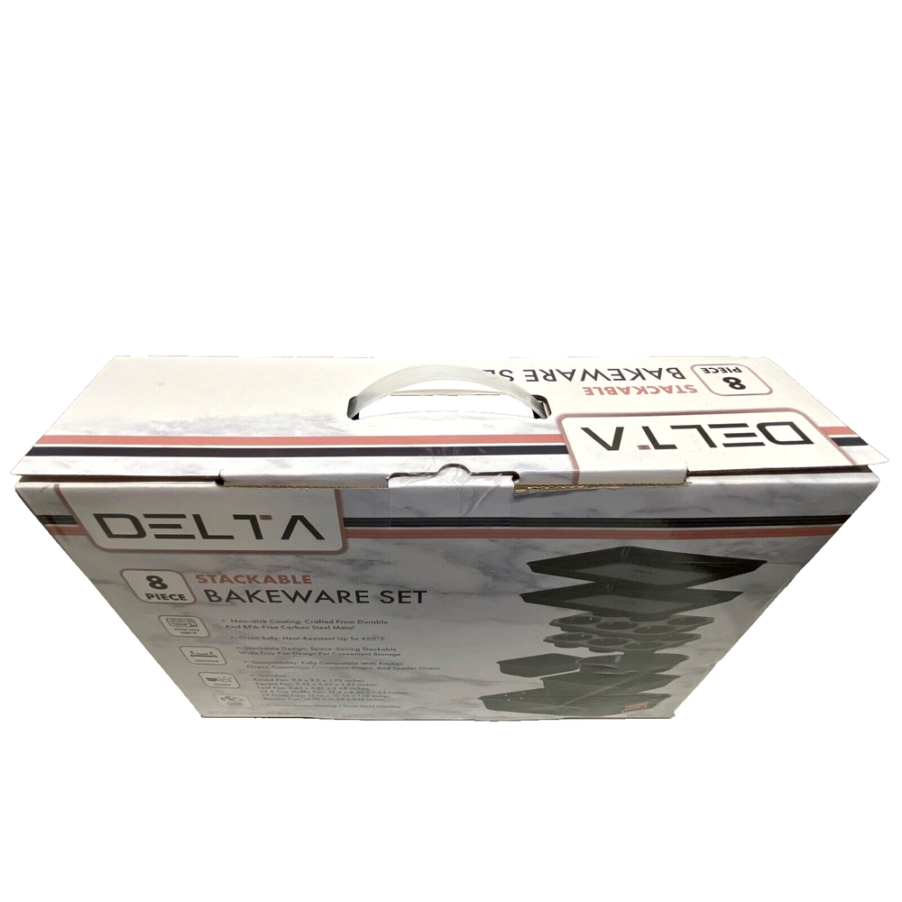 Delta 8 Piece Nonstick Stackable Bakeware Set Matte Black Rose Gold Trim NIB