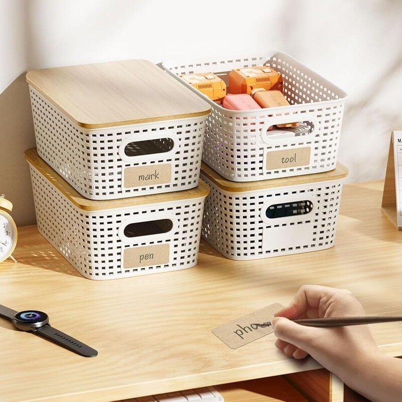 Stackable Plastic Storage Bins W/ Bamboo Lid 5Qt Organizing Baskets 6 Pack New