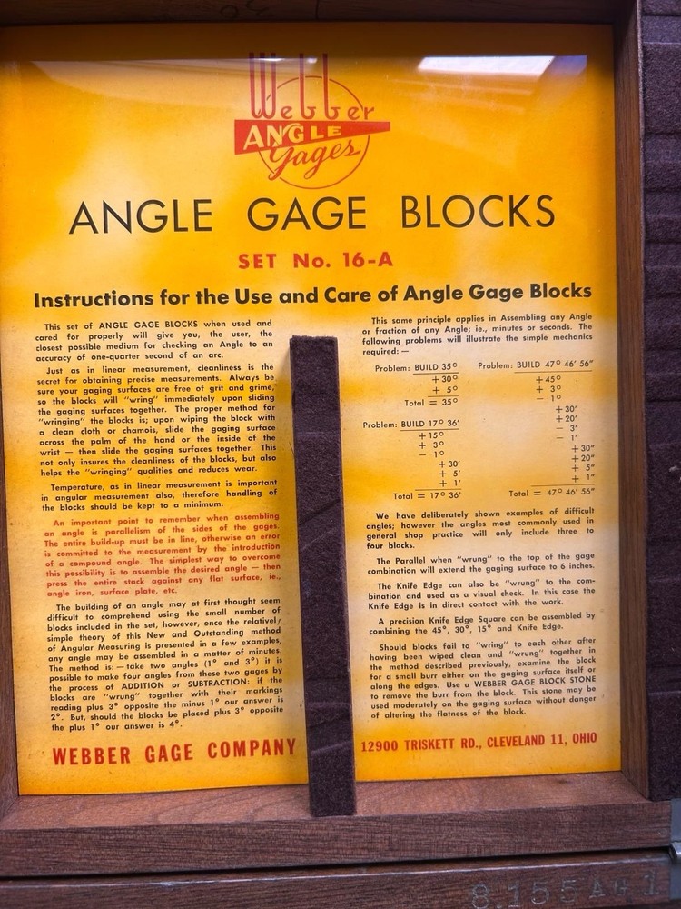 Webber Gage Company Steel Angle Gage Block Set 16-A Rectangular Angle