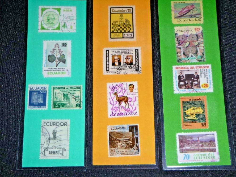 3 BOOKMARKS ~  ECUADOR Laminated POSTAGE STAMPS COLORFUL