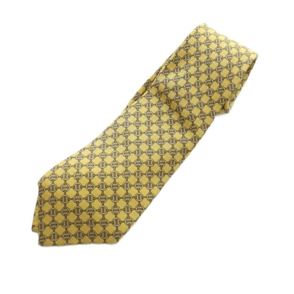 HERMES Tie Silk Allover Pattern Regular Tie Logo Yellow