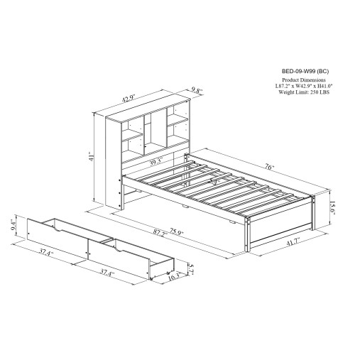 Built-in USB Port On Bookcase Headboard, Modern Twin Size Bed Frame