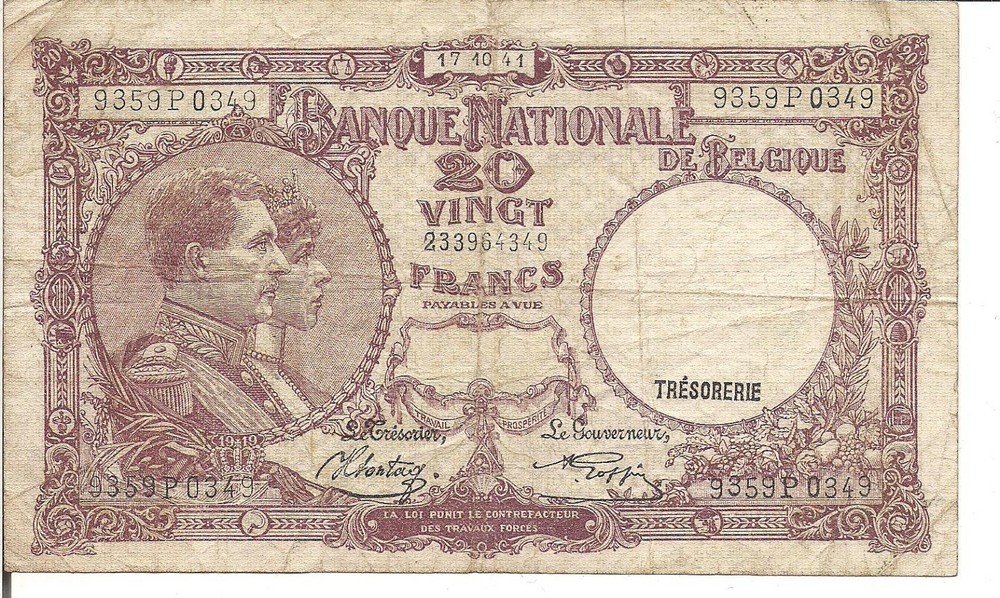 BEGIUM. 20 FRANCS, P#111, 1941