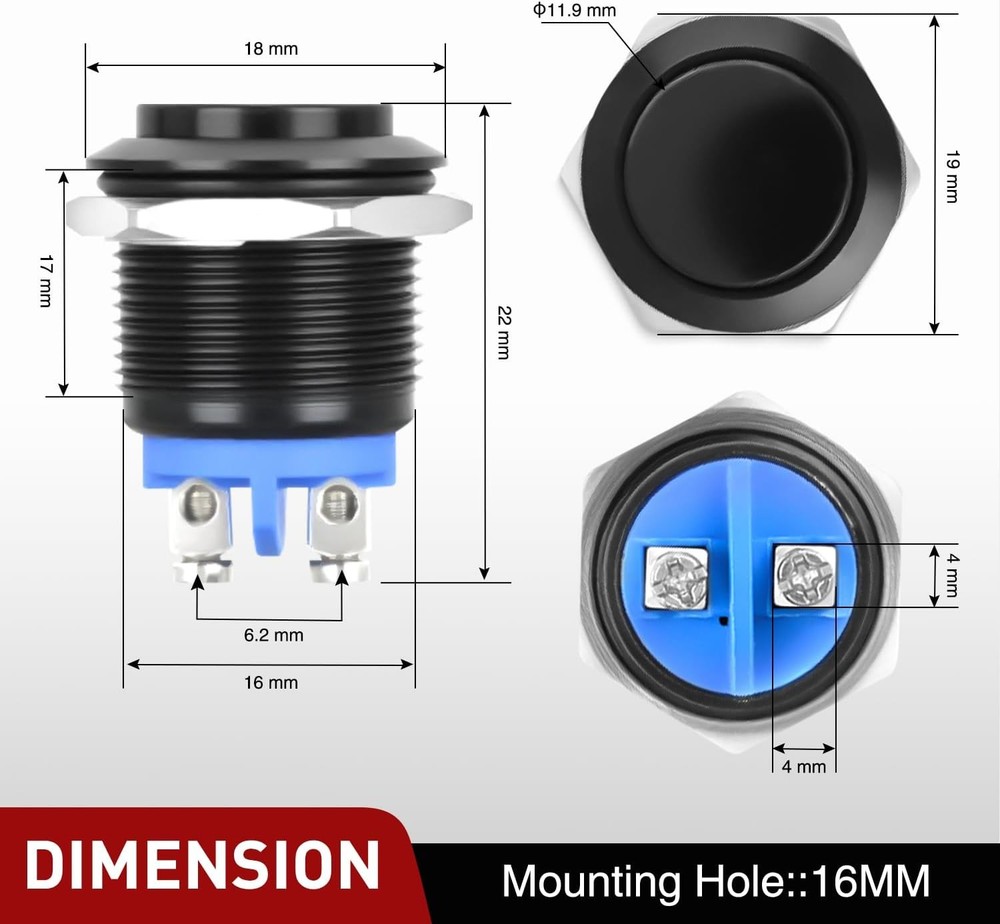 Nilight 16mm Momentary Push Button Switch Waterproof 2PCS 2 Pin Screw Terminal