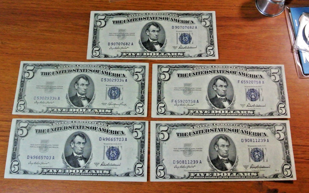 FIVE 1953 $5 US Silver Certificate Higher Grade Uncertified
