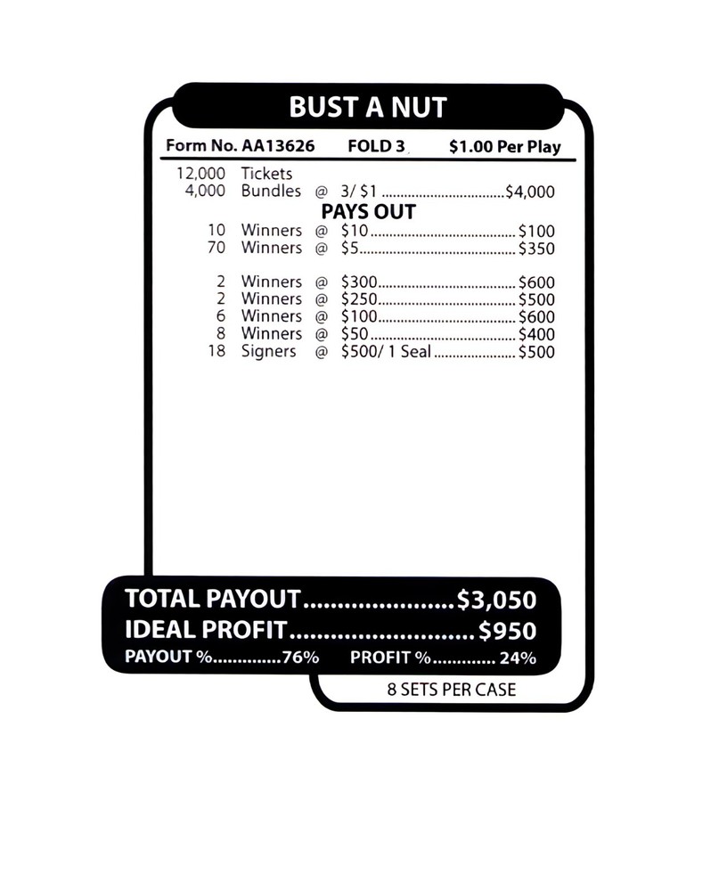 Pull Tab Tickets - Jar Tickets - Game - Pick Board - Holder - Bust A Nut