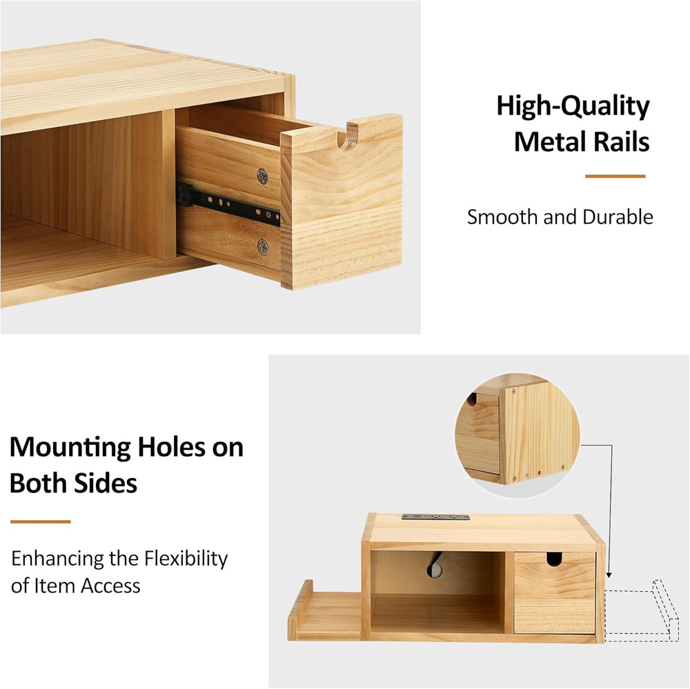 Modern Floating Nightstand with Charging Station & Drawer - Solid Wood Design
