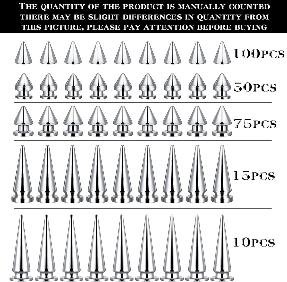 250 Pieces Silver Cone Spikes Screwback Studs Multiple Sizes Cone Spikes for Hal