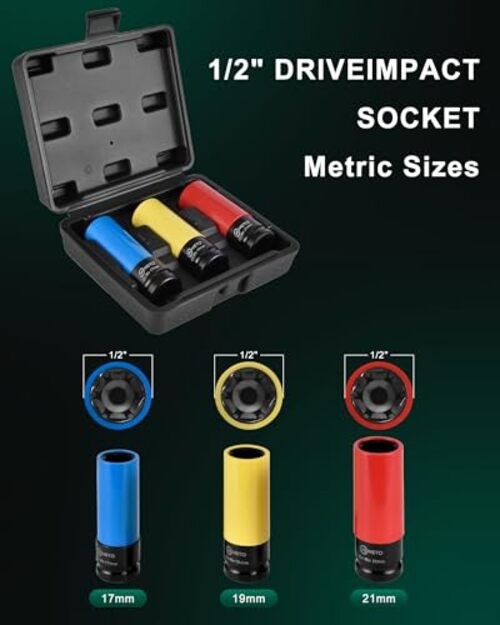 3PCS 1/2" Lug Nut Socket Set, Drive Lug Nut Set with Color-Coded IS-D12-3PC-85