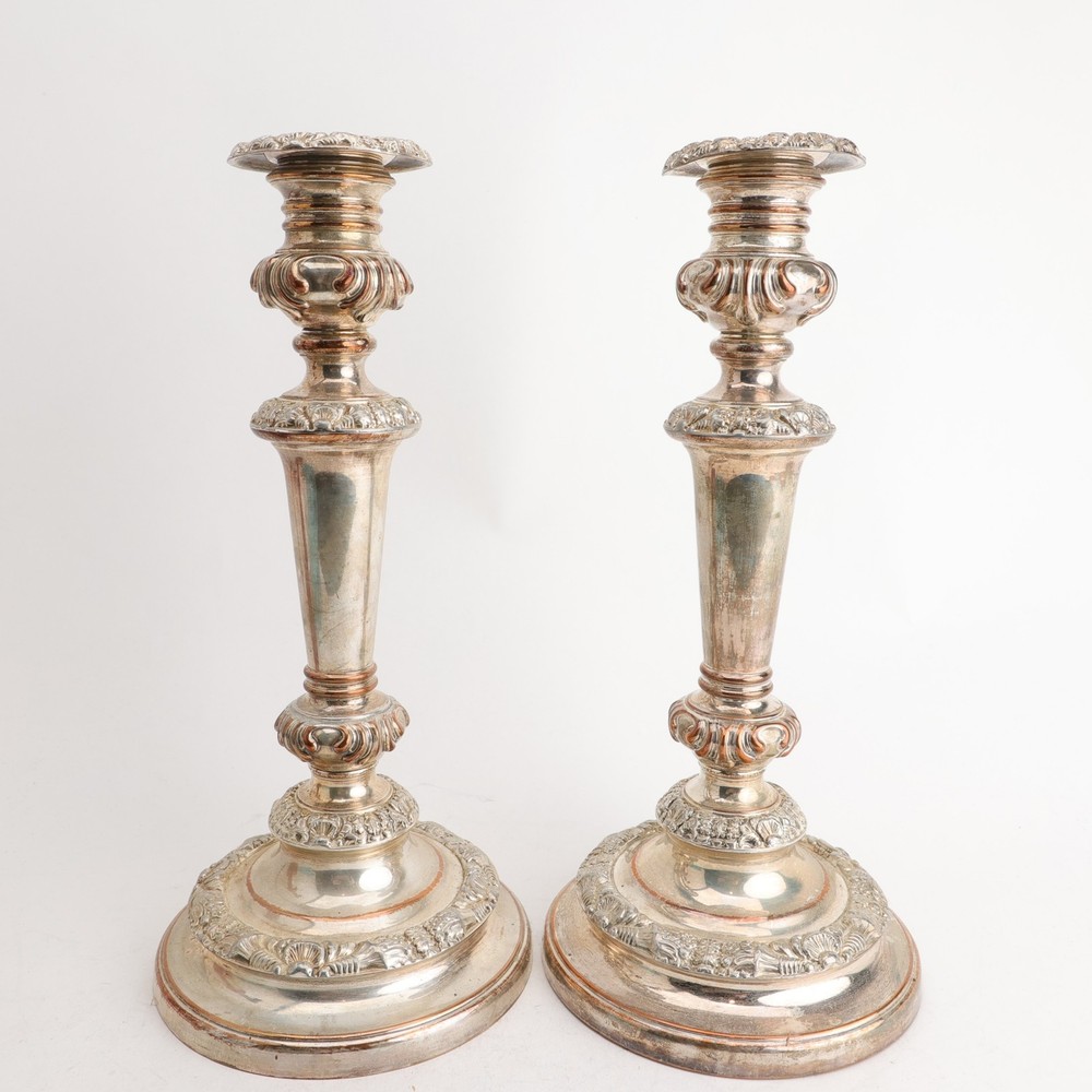 Old Sheffield Plate 11 1/4" Pair Shell & Cornucopia Decorated Candlesticks