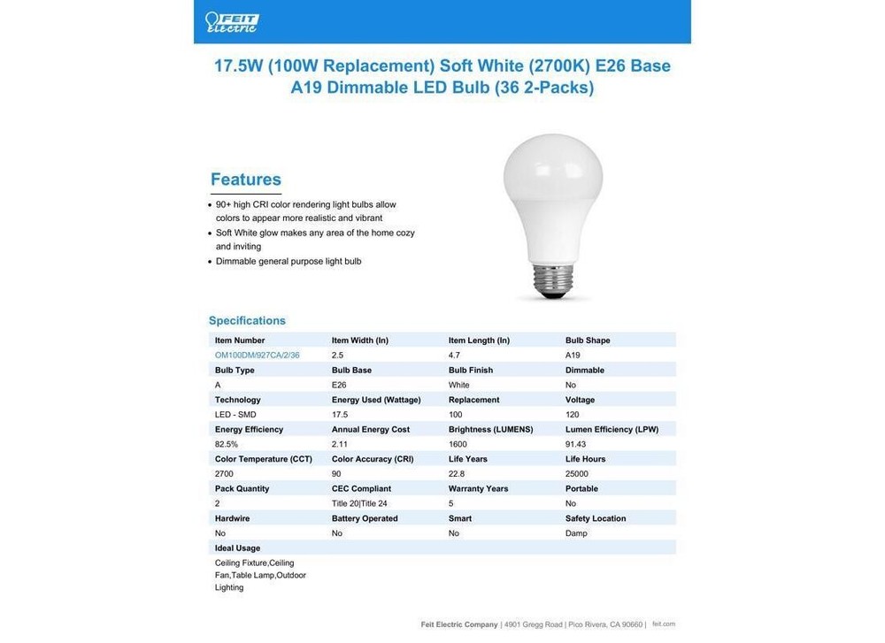 LED Bulb A19 E26 (Medium) Soft White 100 W Soft White Pair