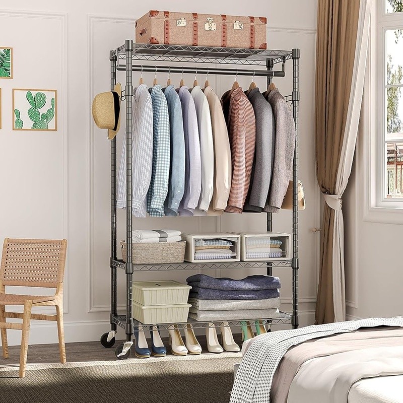 Heavy Duty Rolling Clothes Rack Adjustable Garment Organizer W/ Lockable Wheels