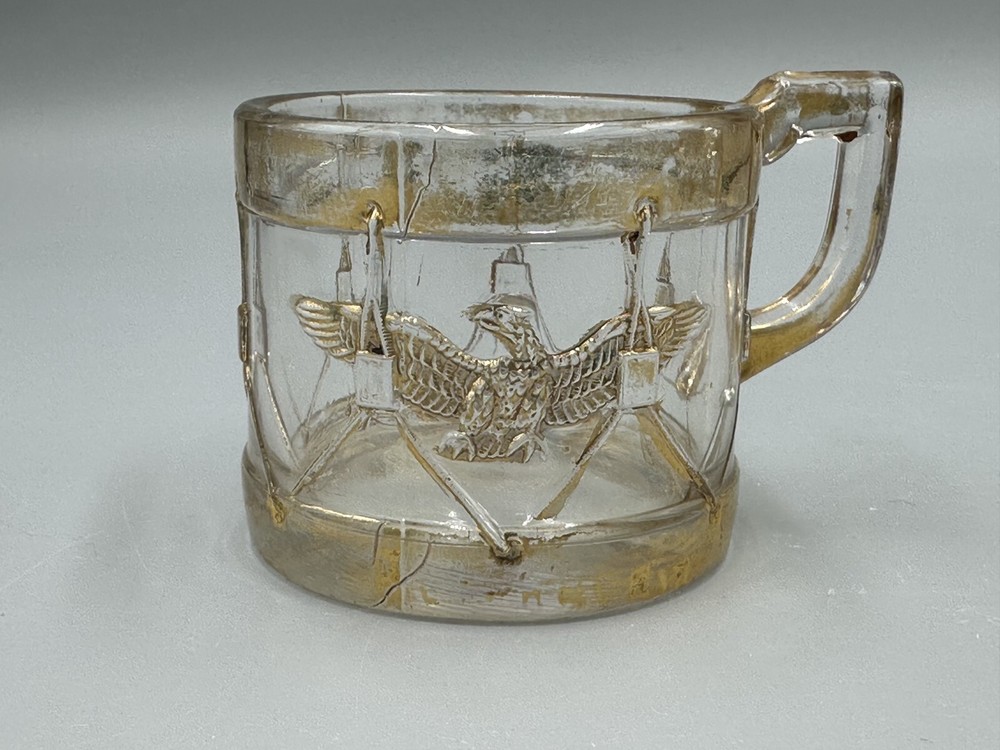 1909 Pair Mug EAGLE DRUM Cup Glass CANDY CONTAINER Antique E&A 543