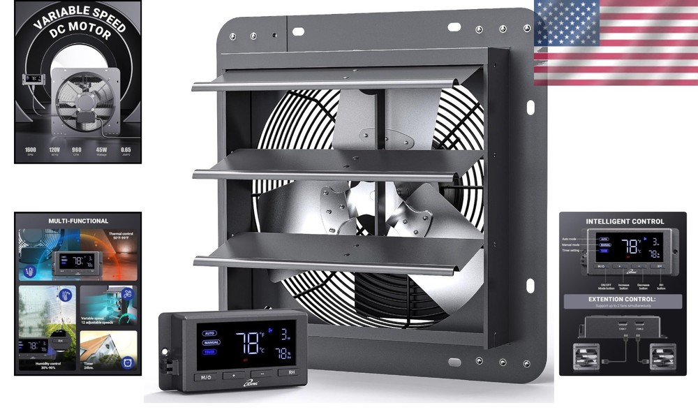 12-Inch Wall Mounted Shutter Exhaust Fan with Variable Speed & Timer Controls