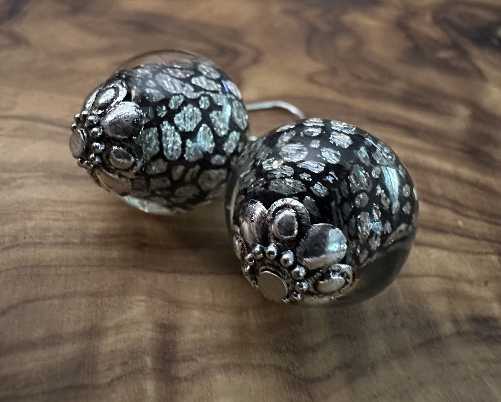 Silver & Black Crackle Round Glass Beaded Hook Dangle Earrings