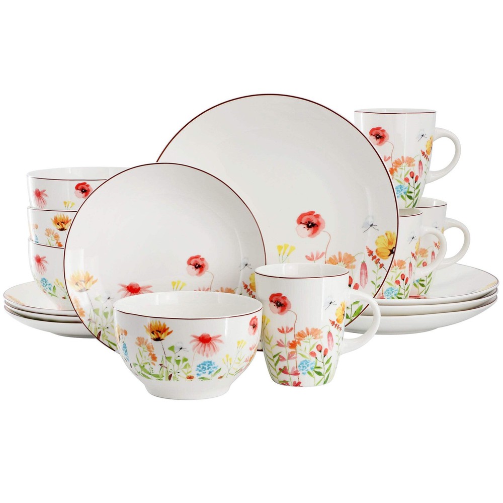 Elama Wildflower Meadow 16 Piece Stoneware Dinnerware Set White & Multi