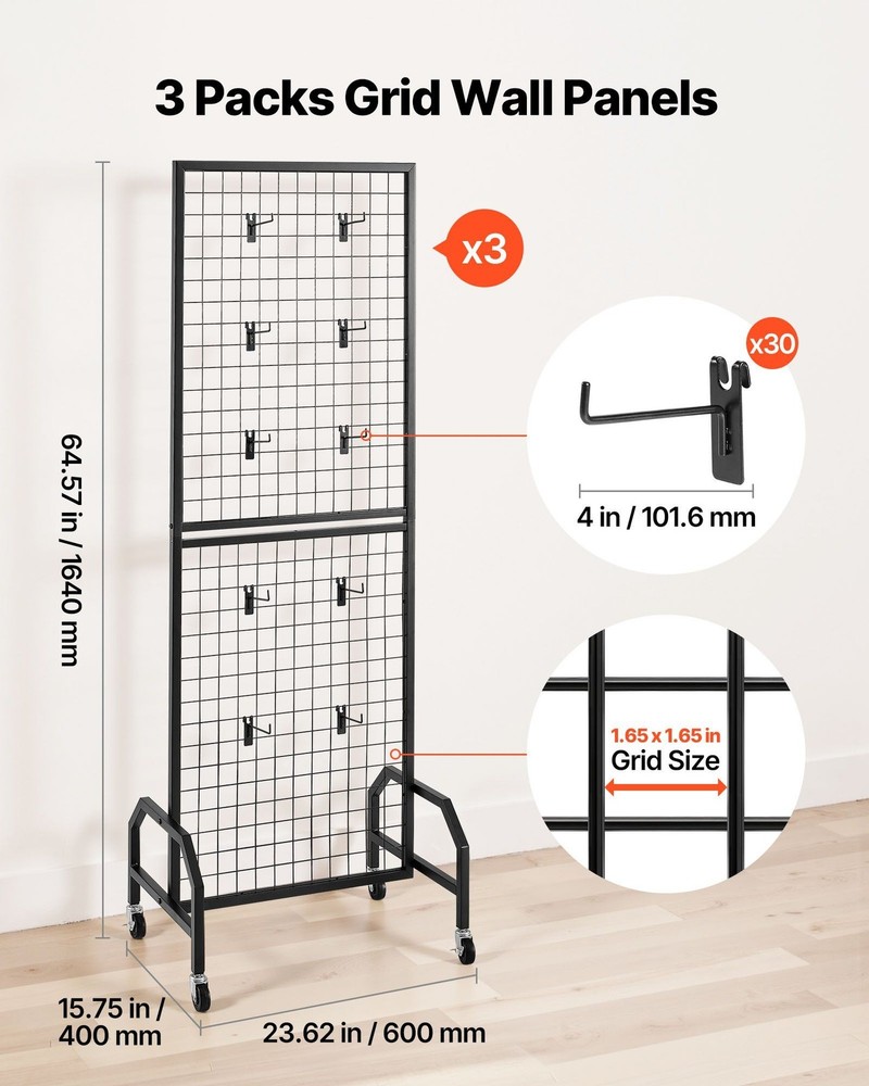 Mobile Gridwall Display Rack: Carbon Steel, 35lb Capacity, 3-Pack, Black