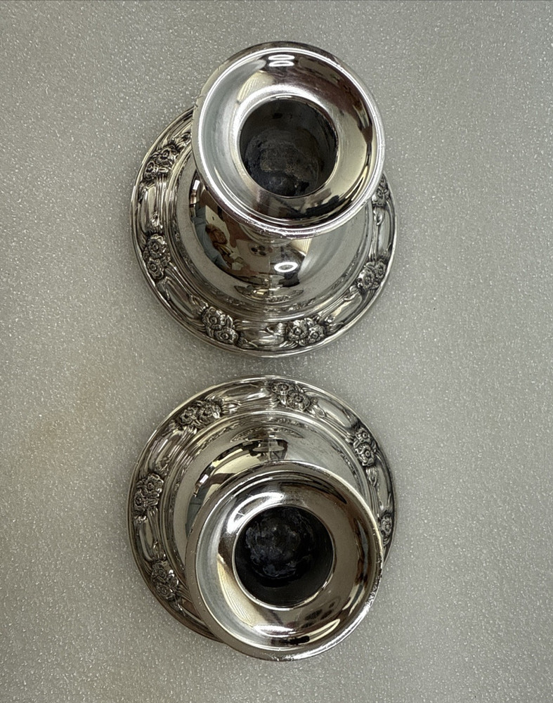 Vintage Silver-Plated Candlesticks, Floral Pattern Around Base 3.5"w x 2.5"t 2PC