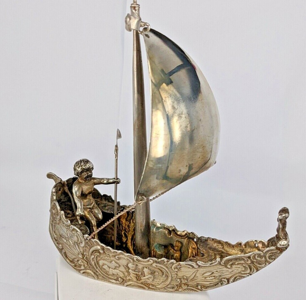 Miniature Hanau solid silver cherub sail boat Circa 1900