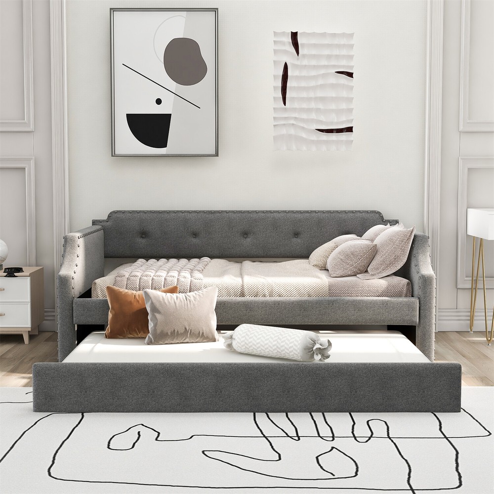 Twin Size Daybed w/ Pull-Out Trundle Bed Upholstered Bed Frame Sofa Bed US